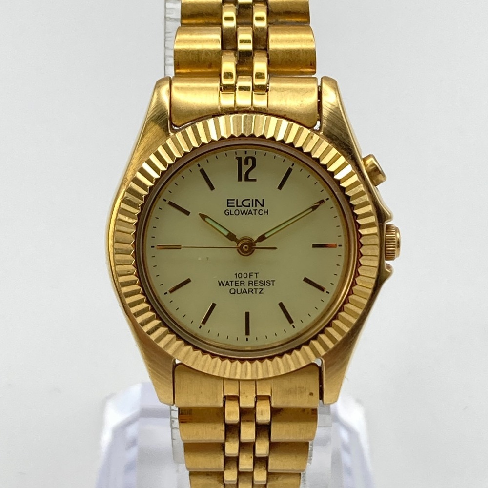 Elgin Glowatch Womens Watch 27mm Gold Tone Indiglo WR 30M New Battery 6.25"
